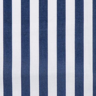 Swatch of medium, classic bold stripe polycotton fabric in white and navy blue