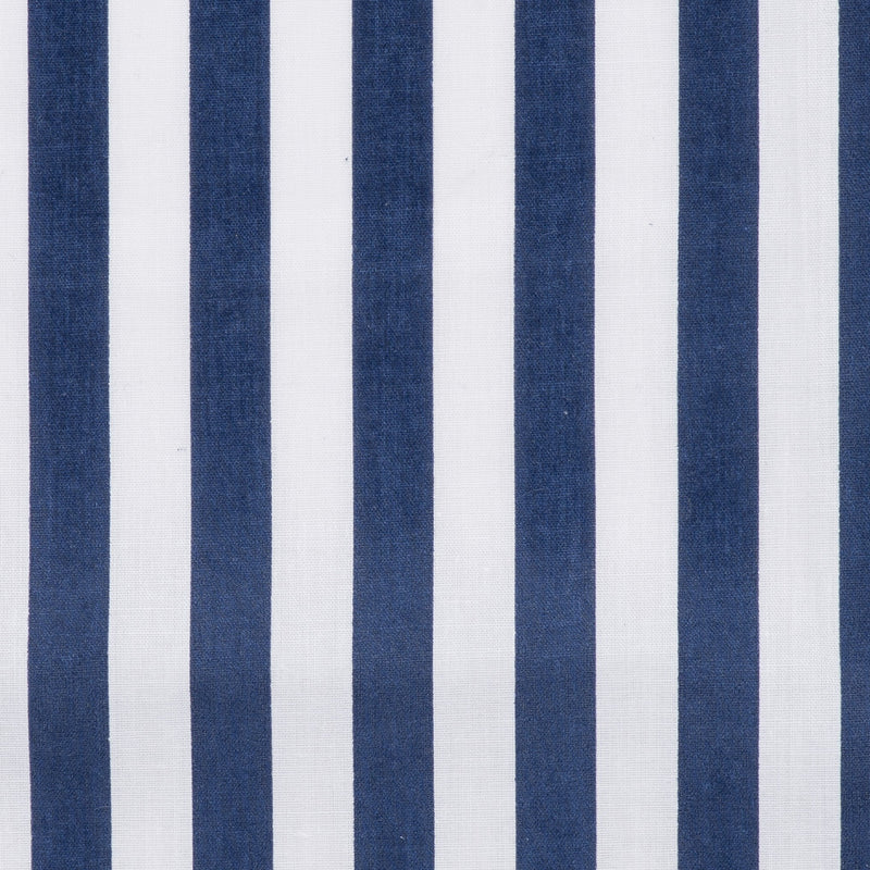 Swatch of medium, classic bold stripe polycotton fabric in white and navy blue