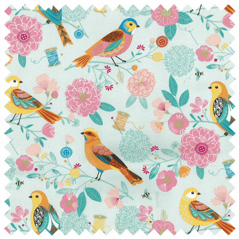 Wooden Handles Craft Bag in fun and colourful Birdsong print with blue, pink and yellow