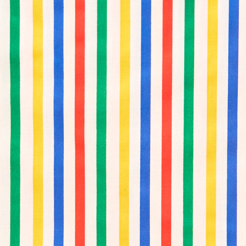 Swatch of classic, bold seaside bright stripes on polycotton fabric in red, yellow, green and blue on white in medium stripe