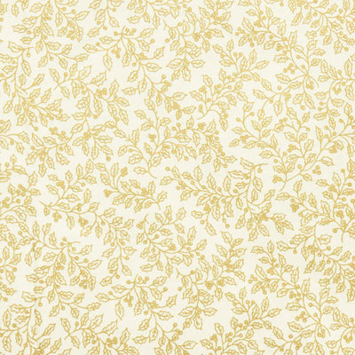 100% cotton Christmas gold holly fabric by Rose and Hubble in red, cream and green