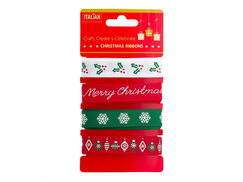 Christmas 16mm ribbons multipack with green, red and white traditional Xmas