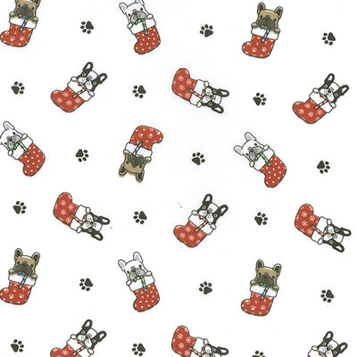 Swatch of cute French Bulldogs in Christmas stockings with pawprints on polycotton fabric in white