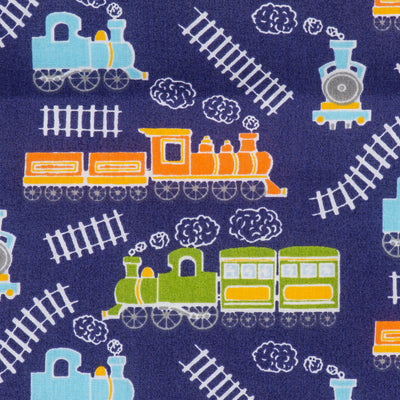 Swatch of children's steam trains and tracks printed polycotton fabric in navy blue with green and orange