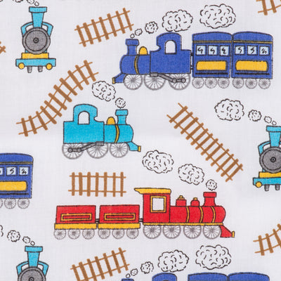 Swatch of children's steam trains and tracks printed polycotton fabric in white and blue