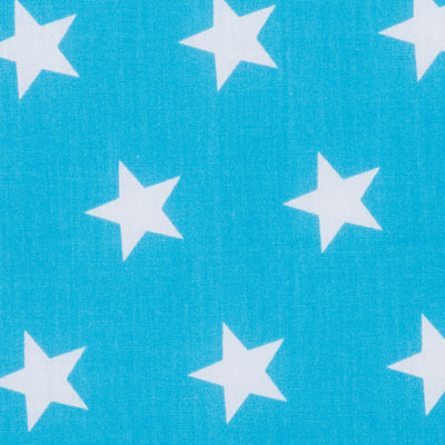 Swatch of fun and bold white stars on polycotton fabric in sky blue