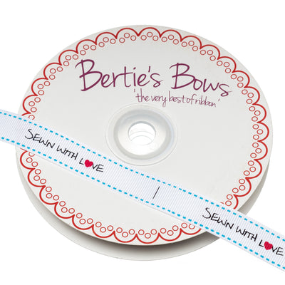 Bertie's Bows Grosgrain Ribbon with "Sewn With Love" in White