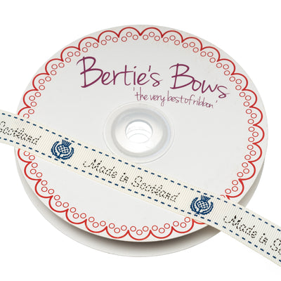 Bertie's Bows grosgrain ribbon with printed 'made in Scotland' blue stitch design.
