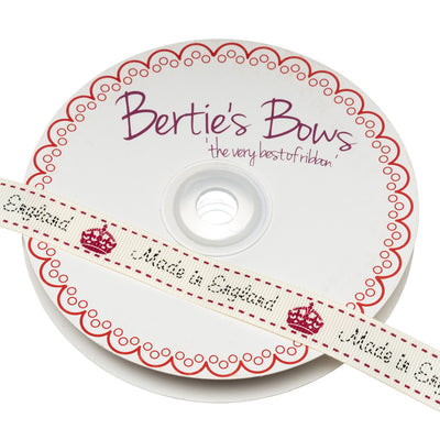 'Made in England' stitch print with crown Grosgrain ribbon in cream and red by Bertie's Bows
