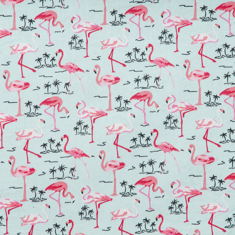 Swatch of exotic flamingo and palm tree printed 100% cotton poplin fabric by Rose and Hubble in mint green