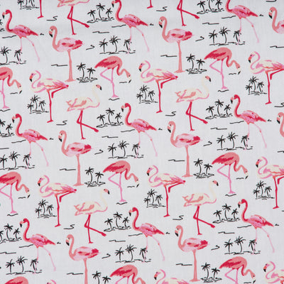 Swatch of exotic flamingo and palm tree printed 100% cotton poplin fabric by Rose and Hubble in ivory