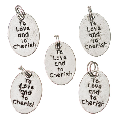 Wedding favour charm pendants "to love and to cherish" in silver
