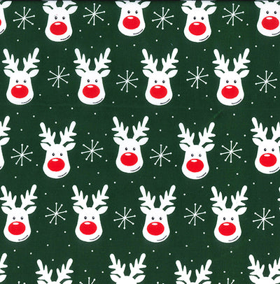 Green reindeer faces polycotton fabric