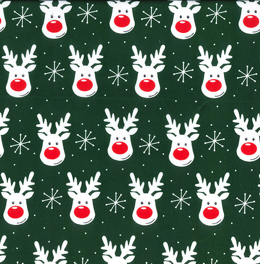 Green reindeer faces polycotton fabric