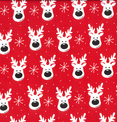 Red reindeer faces polycotton fabric