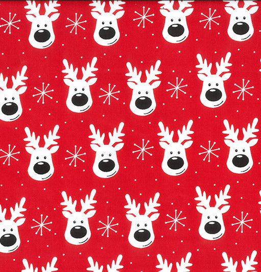 Red reindeer faces polycotton fabric