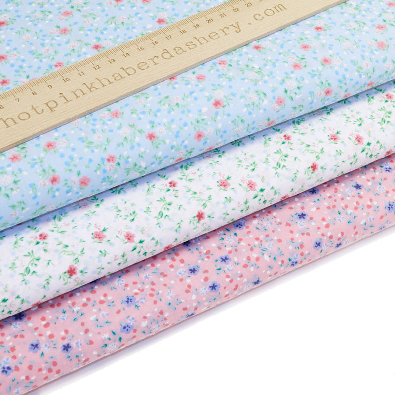 Vintage style pretty blooms floral polycotton fabric in turquoise, pink and white
