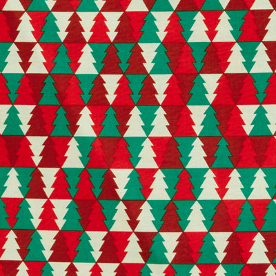 Swatch of colourful red, green and white repeat Christmas tree festive 100% cotton poplin fabric by Rose and hubble.