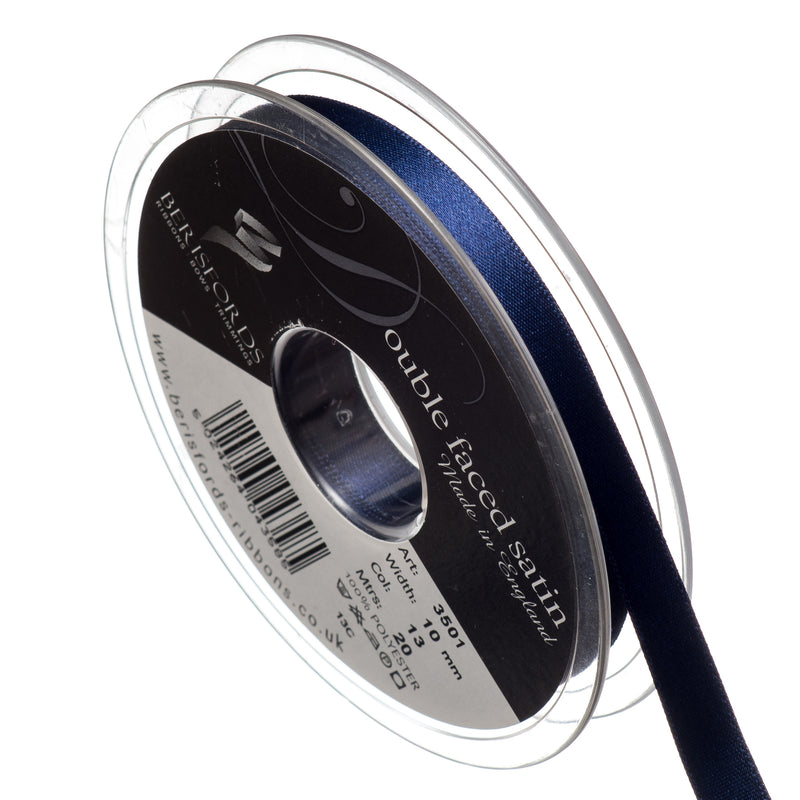 Berisfords 15mm, 25mm and 35mm double faced satin ribbon in navy blue
