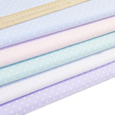 Classic pastel polka dot printed polycotton fabric in Pink, Mint, Blue, Lilac & White
