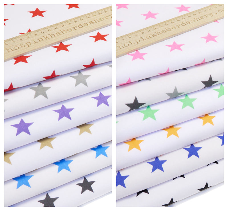 Bright and fun bold star motif polycotton fabric on white with Gold, Silver, Orange, Red, Purple, Neon Pink, Royal Blue, Turquoise, Lime Green, Grey, Mixed Grey, Black