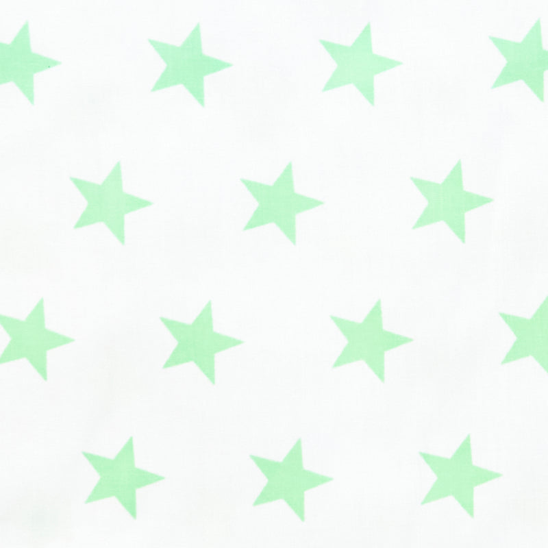 Swatch of bright and fun bold star motif polycotton fabric on white with lime green