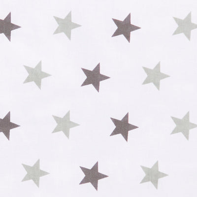 Swatch of bright and fun bold star motif polycotton fabric on white with mixed grey