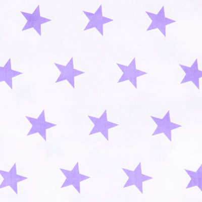 Swatch of bright and fun bold star motif polycotton fabric on white with purple