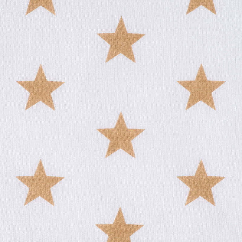 Swatch of bright and fun bold star motif polycotton fabric on white with gold