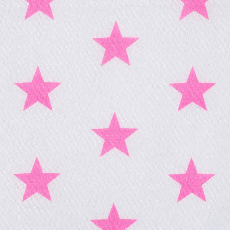 Swatch of bright and fun bold star motif polycotton fabric on white with neon pink