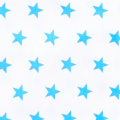 Swatch of bright and fun bold star motif polycotton fabric on white with turquoise blue