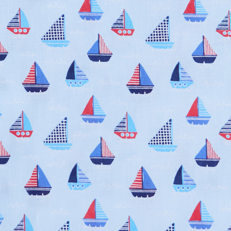 Swatch of Colourful seaside yachts with cross-hatch stripe and spot details on polycotton fabric in sky blue