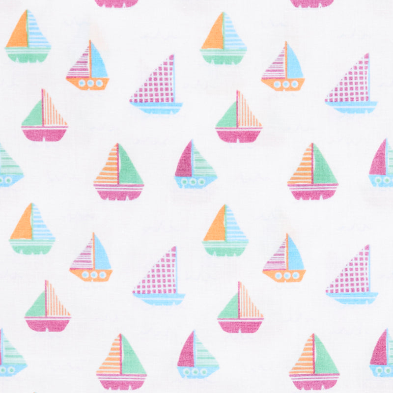 Swatch of colourful seaside yachts with cross-hatch stripe and spot details on polycotton fabric in white