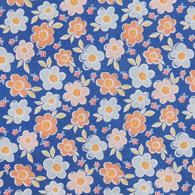 Swatch of fun and bold, retro flower printed polycotton fabric in royal blue