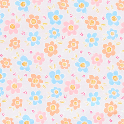 Swatch of fun and bold, retro flower printed polycotton fabric in white