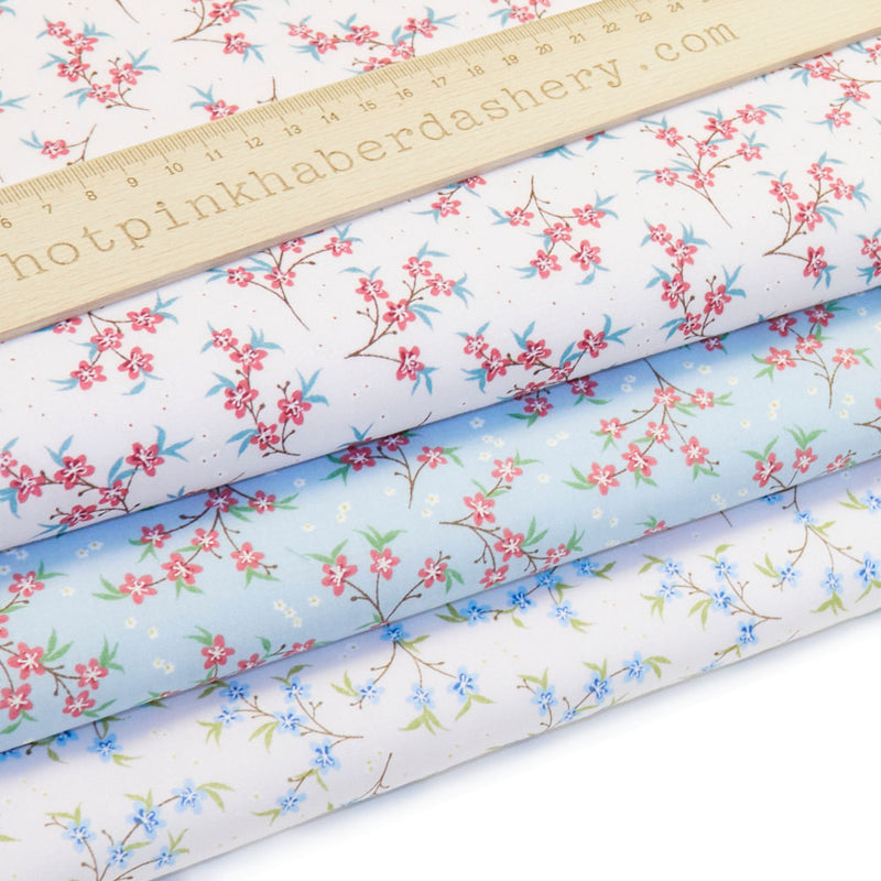 Japanese style cherry blossom printed polycotton fabric in White/Pink, White/Blue & Sky Blue