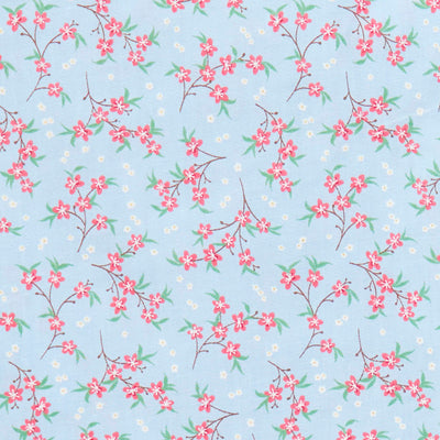 Swatch of Japanese style cherry blossom printed polycotton fabric in pink and Sky Blue