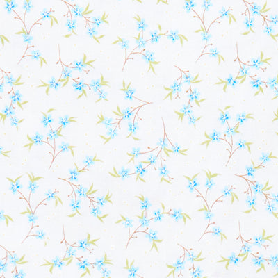 Swatch of Japanese style cherry blossom printed polycotton fabric in White/Blue