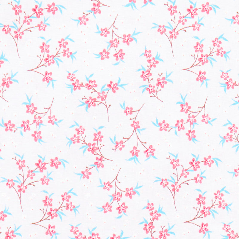 Swatch of Japanese style cherry blossom printed polycotton fabric in White/Pink