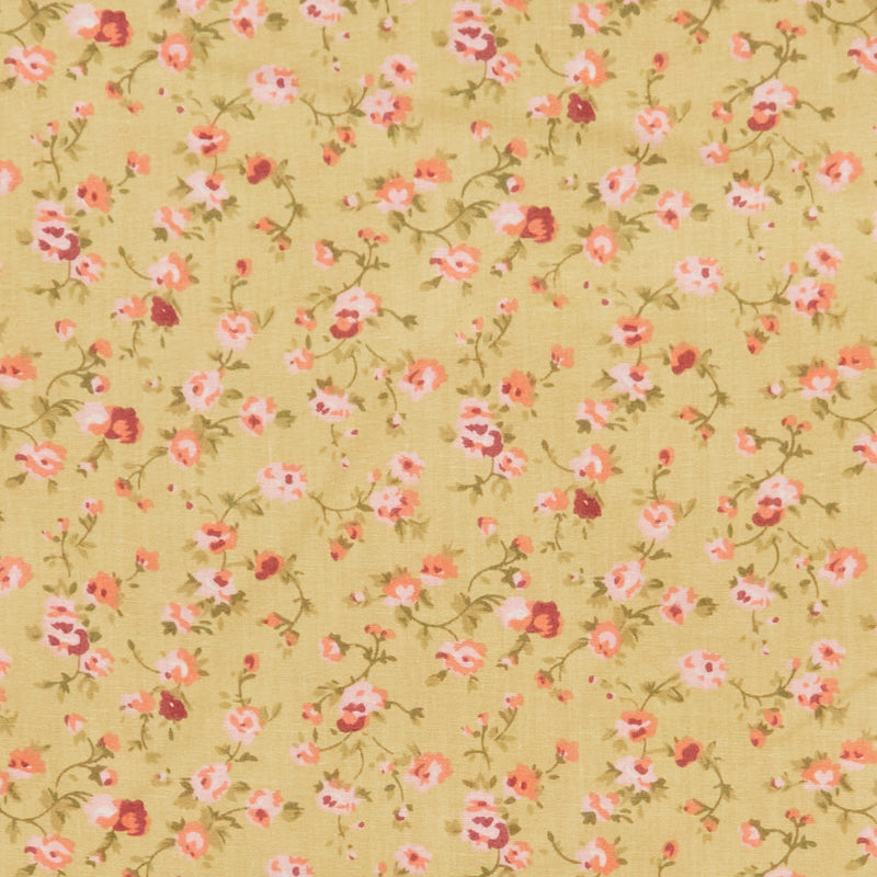 Swatch of vintage floral illustrated, country style, polycotton fabric in beige and pink