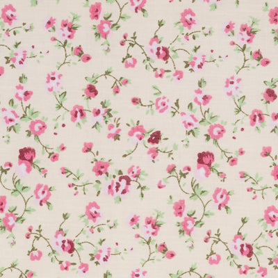 Swatch of vintage floral illustrated, country style, polycotton fabric in cream and pink