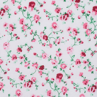 Swatch of vintage floral illustrated, country style, polycotton fabric in white and pink