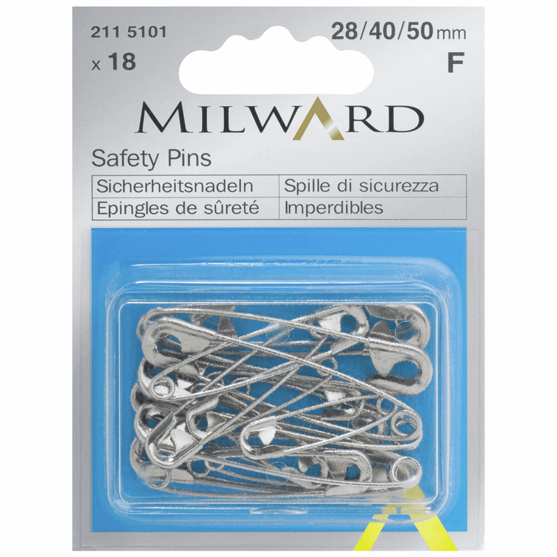 Milward 18 x 28/40/50mm steel safety pins in a handy reusable box.
