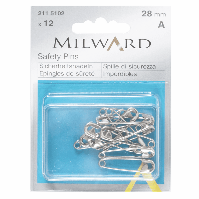 Milward 12 x 28mm steel safety pins in a handy reusable box.