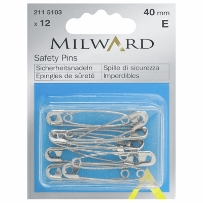 Milward 12 x 40mm steel safety pins in a handy reusable box.