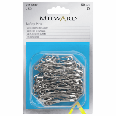 Milward 50 x 50mm steel safety pins in a handy reusable box.