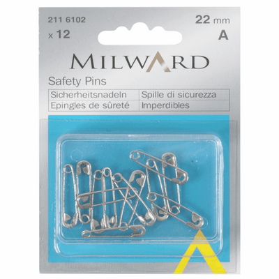 Milward 22mm mild steel safety pins in a pack of 12 in a handy reusable box, available in a variety of different sizes.