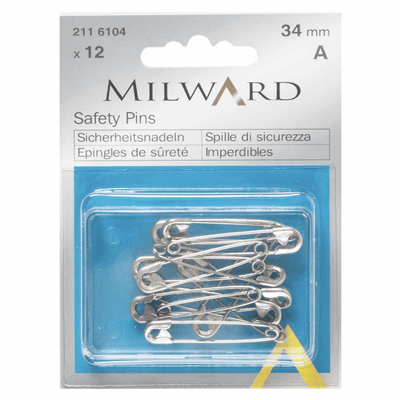 Milward 34mm mild steel safety pins in a pack of 12 in a handy reusable box, available in a variety of different sizes.