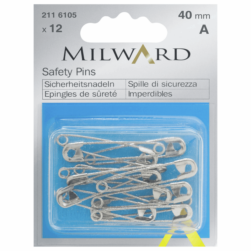 Milward 40mm mild steel safety pins in a pack of 12 in a handy reusable box, available in a variety of different sizes.