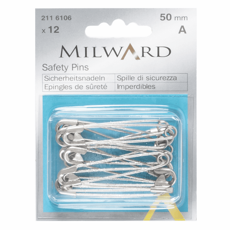 Milward 50mm mild steel safety pins in a pack of 12 in a handy reusable box, available in a variety of different sizes.